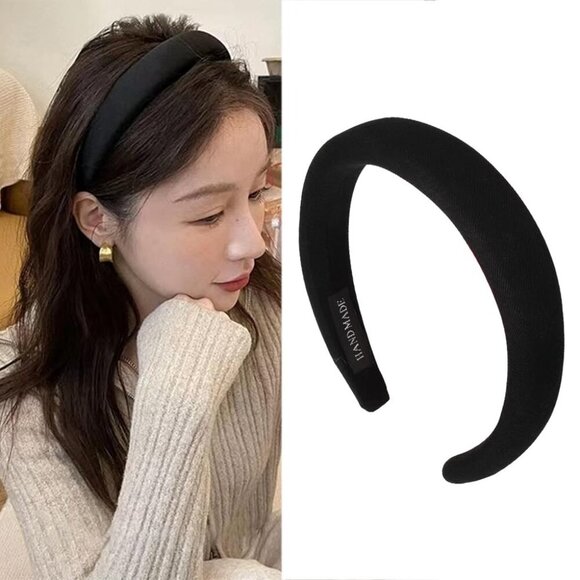 Black Padded Headband for Women - Wide, Simple, Soft Satin Hair Hoop for Girls a - Picture 1 of 7